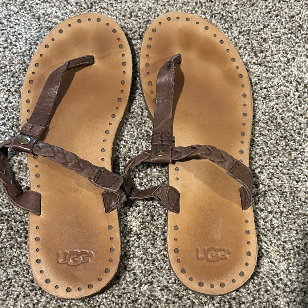 UGG Women's Tan and Brown Braided Leather Thong Sandals